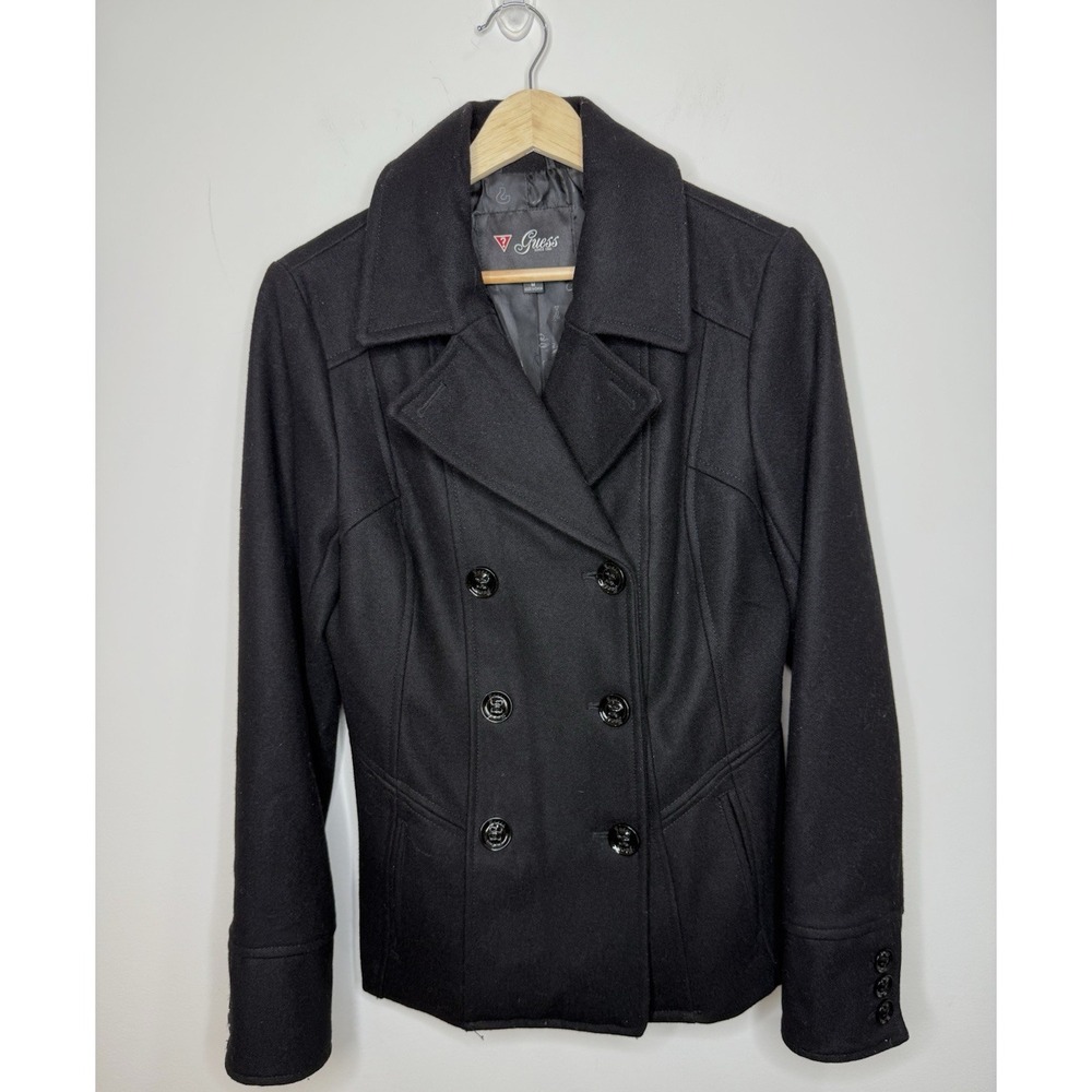 Guess Wool Blend Pea Coat Womens Medium Black Double Breasted Jacket‎ Academia M